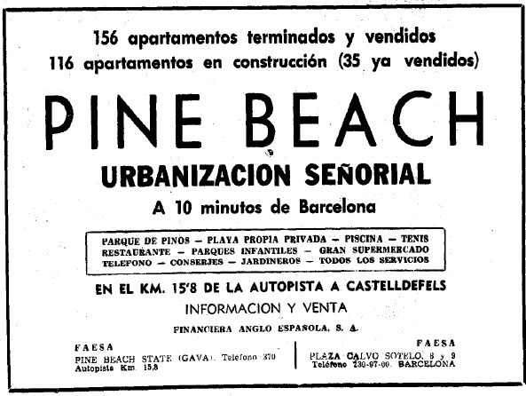 Anuncio de Pine Beach de Gav� Mar publicado en el diario La Vanguardia el 19 de Noviembre de 1966 parecido a los publicados en junio y en octubre de 1966 pero donde ahora se definen los apartamentos como de lujo